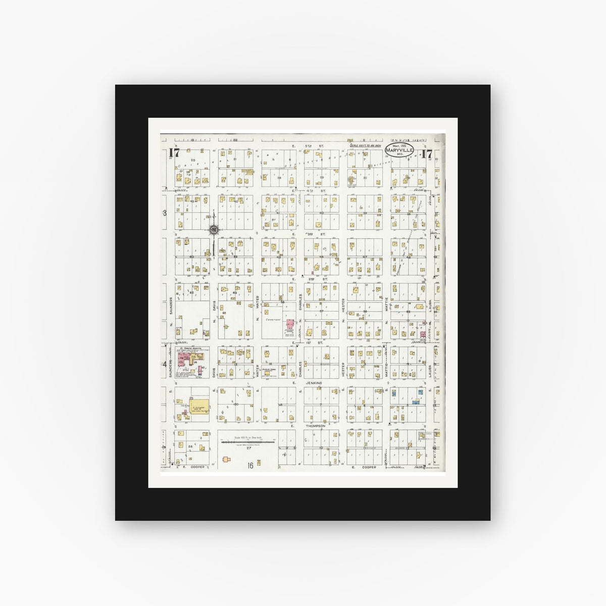 Old map wall art mockup — black gallery frame with white mat — Sanborn Fire Insurance Map from Maryville, Nodaway County, Missouri (1925), Sheet #0017