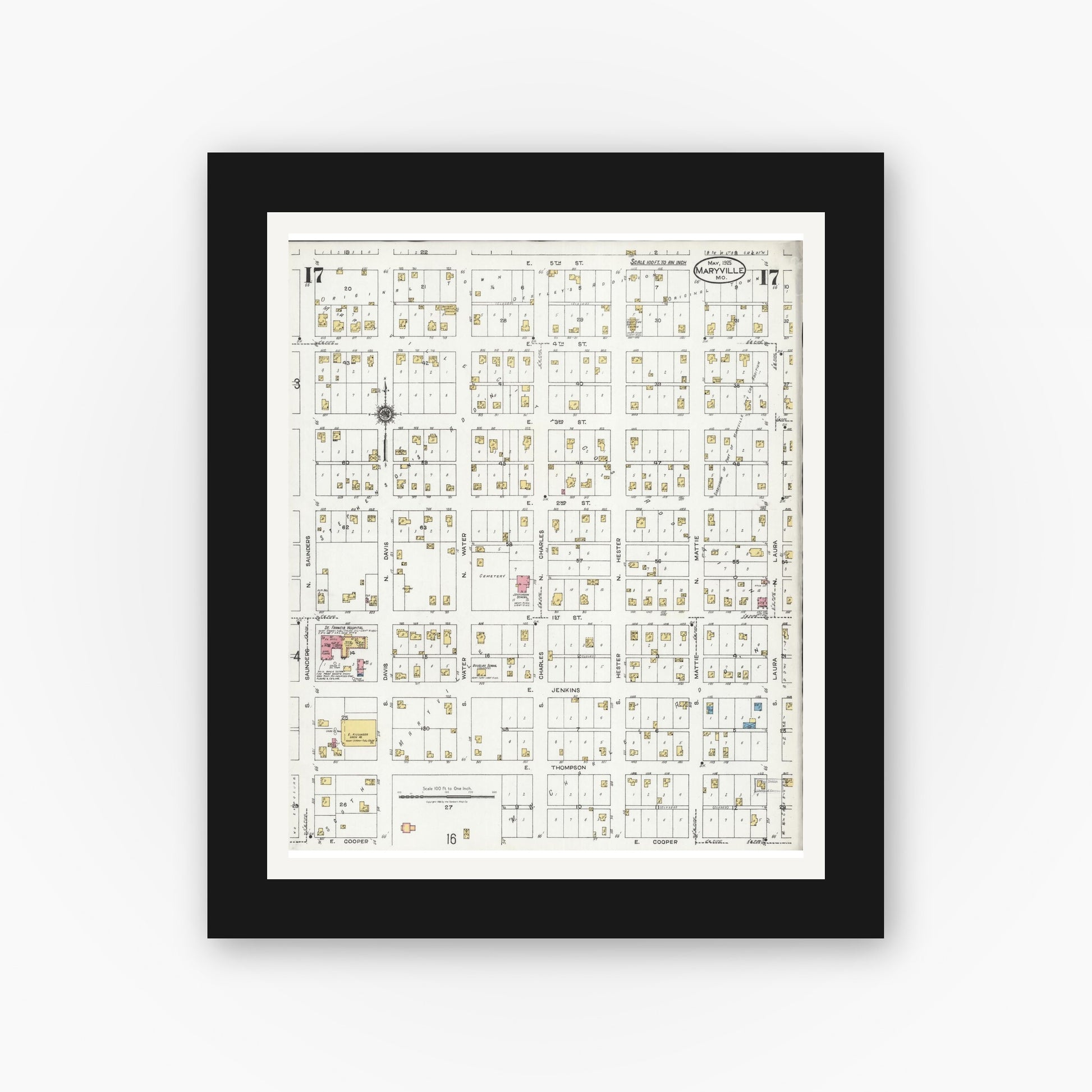 Old map wall art mockup — black gallery frame with white mat — Sanborn Fire Insurance Map from Maryville, Nodaway County, Missouri (1925), Sheet #0017