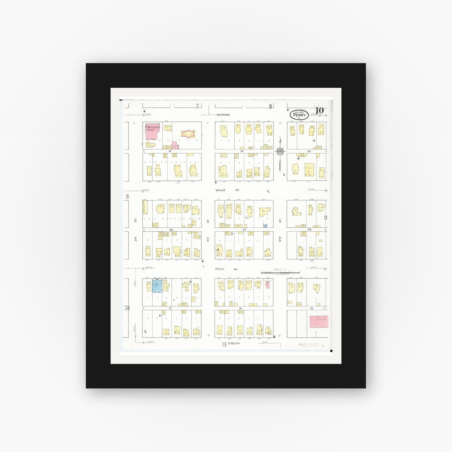 Old map wall art mockup — black gallery frame with white mat — Sanborn Fire Insurance Map from Perry, Dallas County, Iowa (1918), Sheet #0010