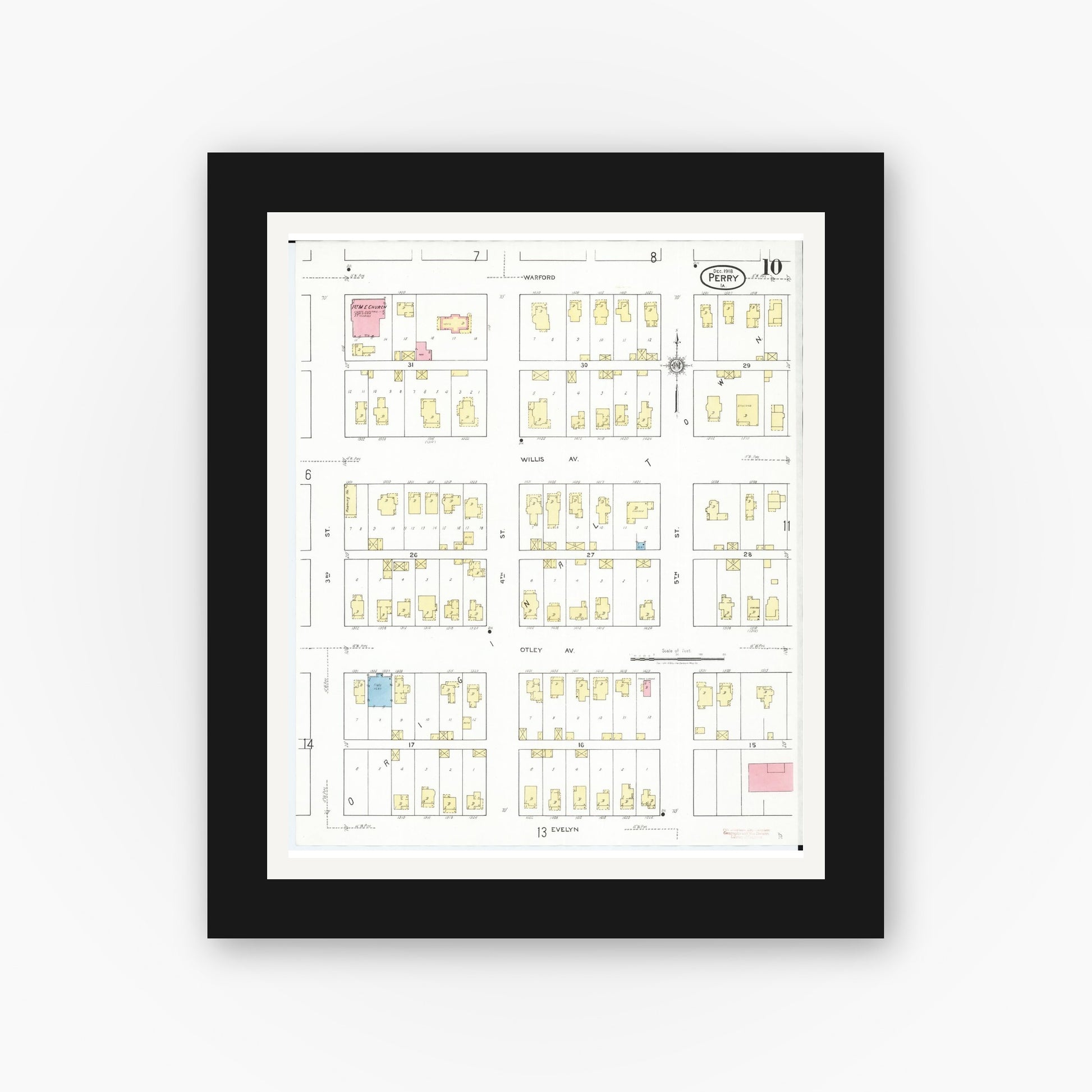 Old map wall art mockup — black gallery frame with white mat — Sanborn Fire Insurance Map from Perry, Dallas County, Iowa (1918), Sheet #0010