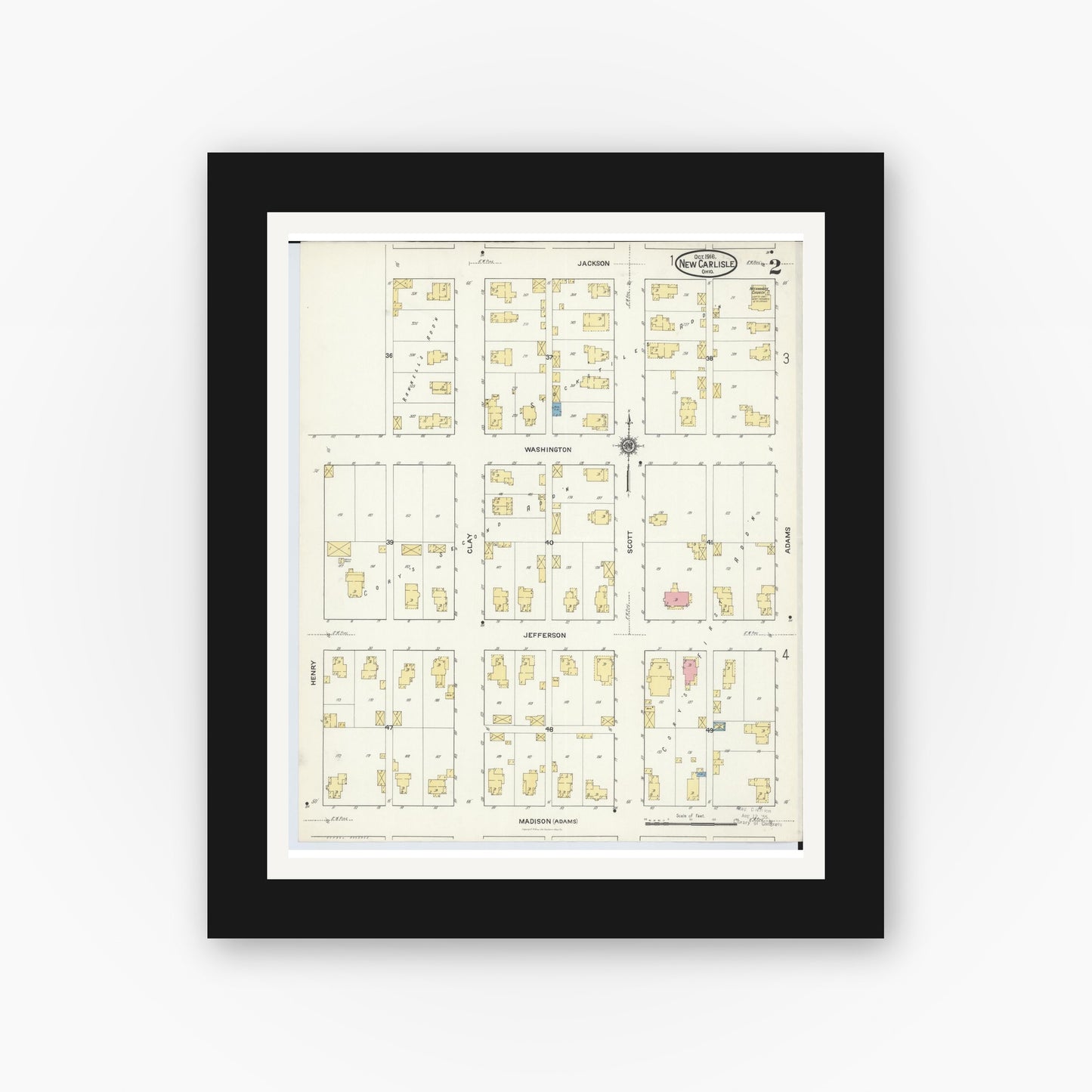 Old map wall art mockup — black gallery frame with white mat — Sanborn Fire Insurance Map from New Carlisle, Clarke County, Ohio (1916), Sheet #0002