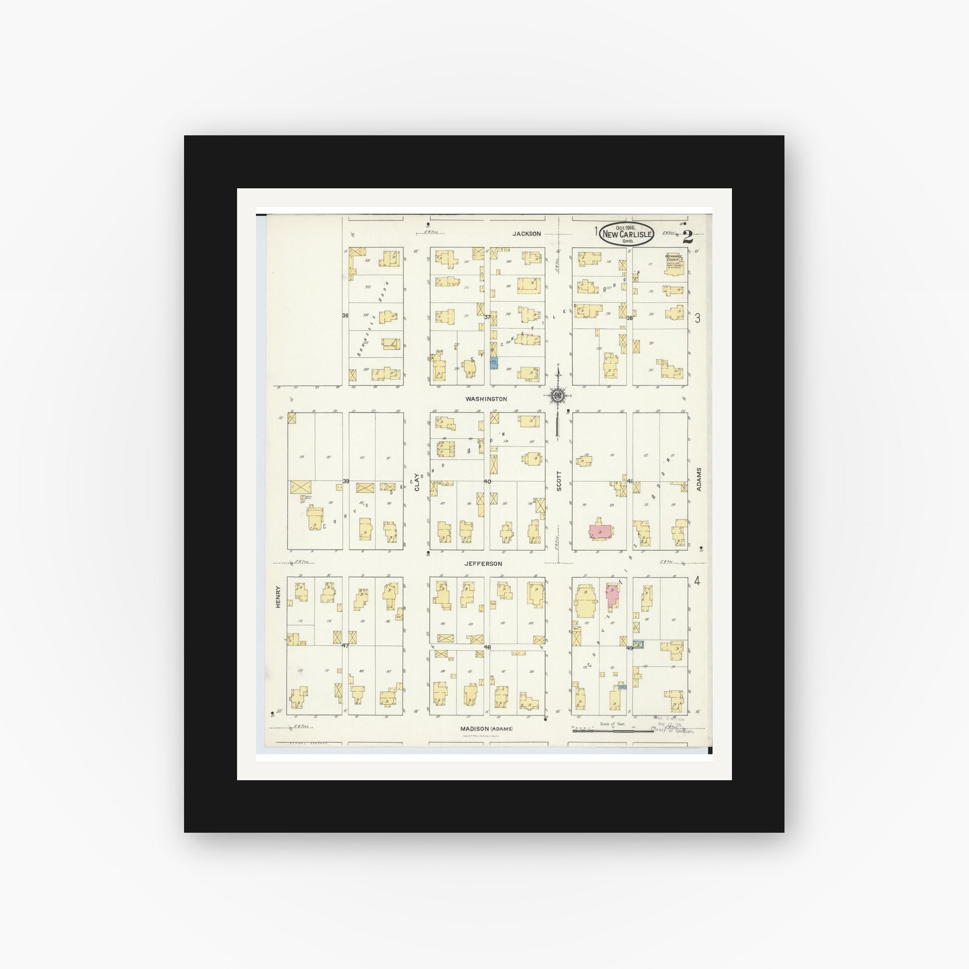 Old map wall art mockup — black gallery frame with white mat — Sanborn Fire Insurance Map from New Carlisle, Clarke County, Ohio (1916), Sheet #0002