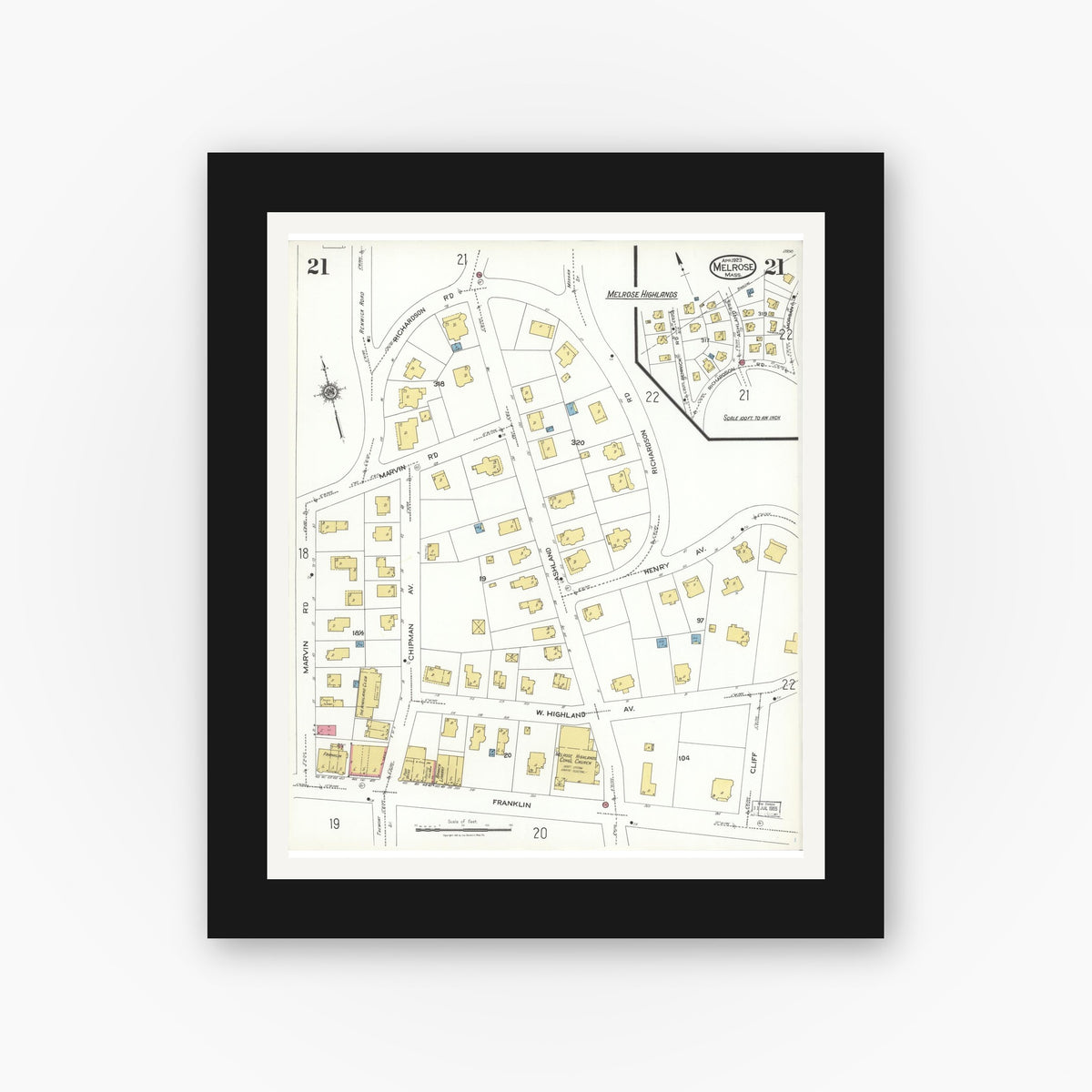 Old map wall art mockup — black gallery frame with white mat — Sanborn Fire Insurance Map from Melrose, Middlesex County, Massachusetts (1923), Sheet #0021
