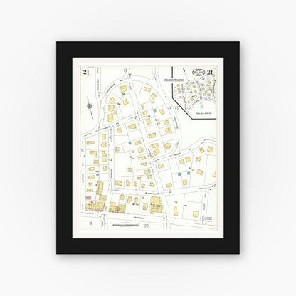 Old map wall art mockup — black gallery frame with white mat — Sanborn Fire Insurance Map from Melrose, Middlesex County, Massachusetts (1923), Sheet #0021