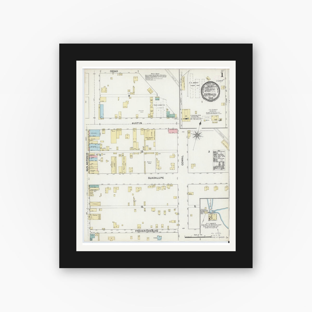 Old map wall art mockup — black gallery frame with white mat — Sanborn Fire Insurance Map from San Marcos, Hays County, Texas (1891) - Complete Map Set