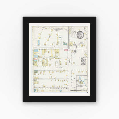 Old map wall art mockup — black gallery frame with white mat — Sanborn Fire Insurance Map from San Marcos, Hays County, Texas (1891) - Complete Map Set