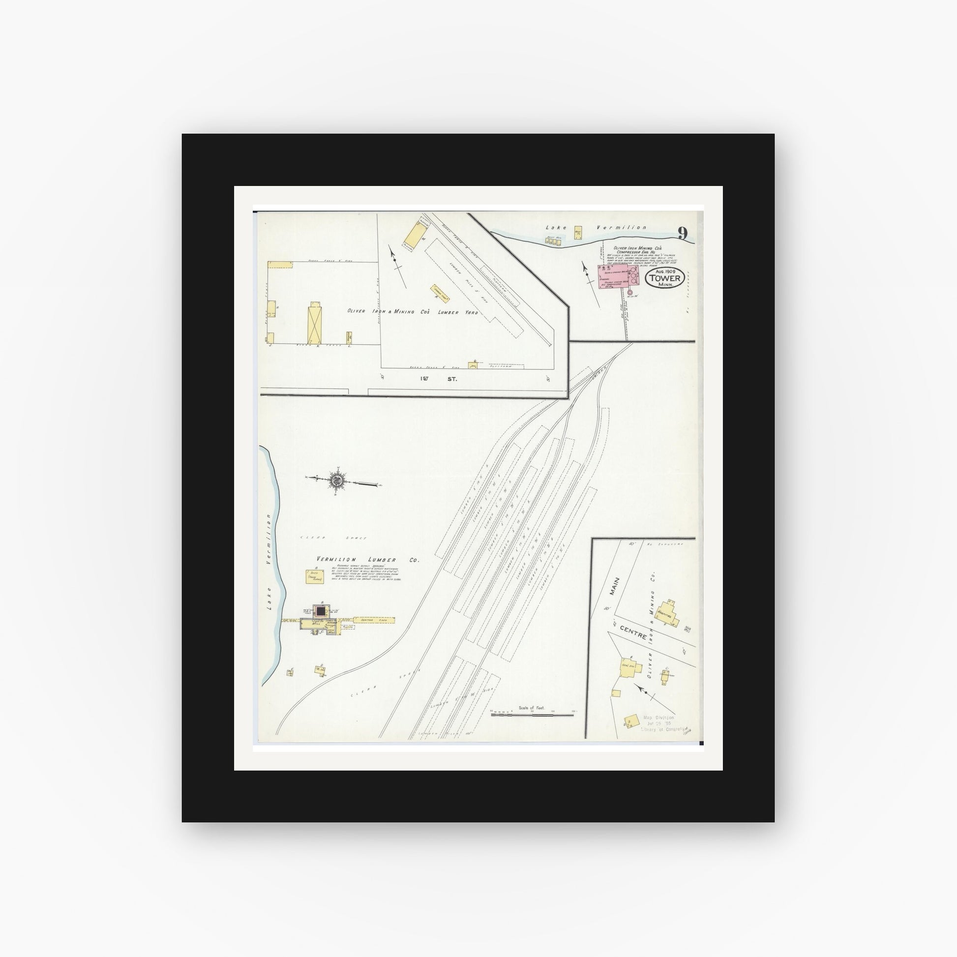Old map wall art mockup — black gallery frame with white mat — Sanborn Fire Insurance Map from Tower, Saint Louis County, Minnesota (1909), Sheet #0009