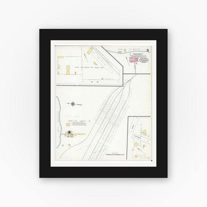Old map wall art mockup — black gallery frame with white mat — Sanborn Fire Insurance Map from Tower, Saint Louis County, Minnesota (1909), Sheet #0009
