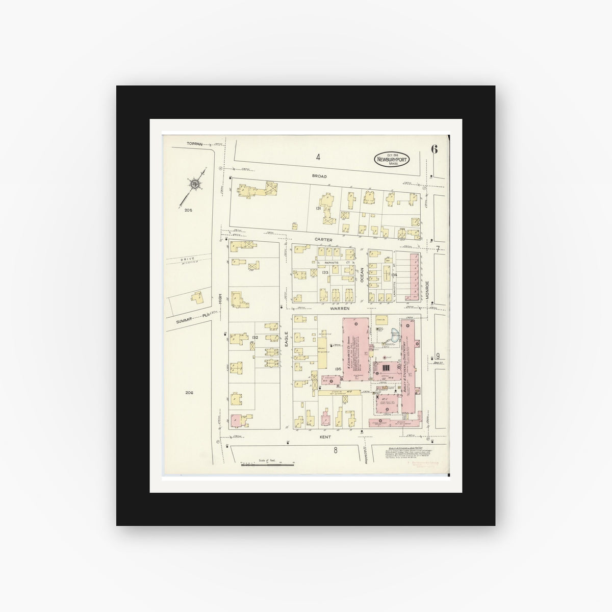 Old map wall art mockup — black gallery frame with white mat — Sanborn Fire Insurance Map from Newburyport, Essex County, Massachusetts (1914), Sheet #0006
