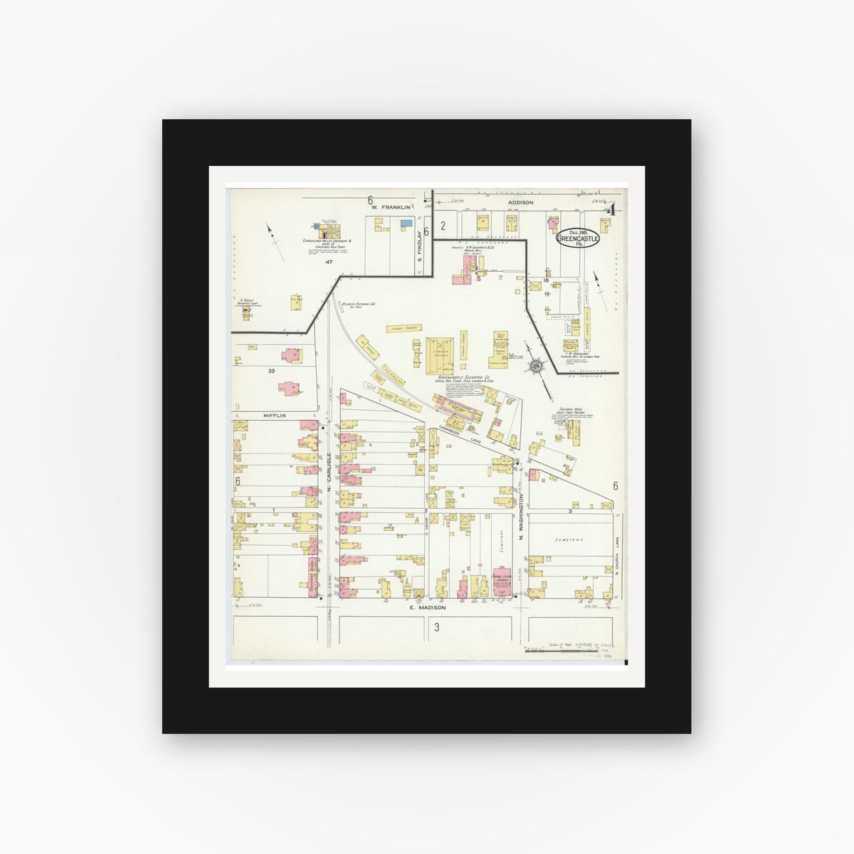 Old map wall art mockup — black gallery frame with white mat — Sanborn Fire Insurance Map from Greencastle, Franklin County, Pennsylvania (1915), Sheet #0004