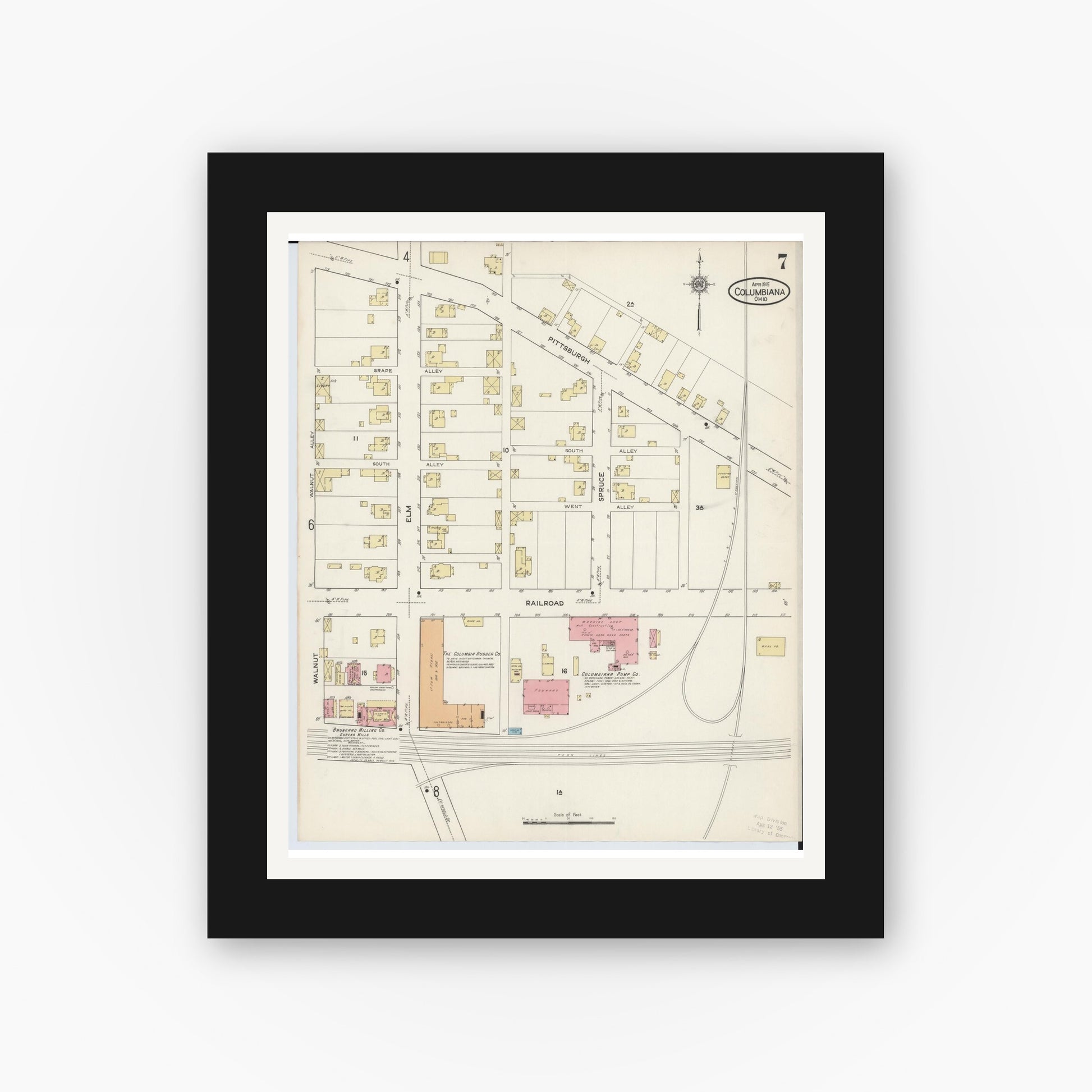 Old map wall art mockup — black gallery frame with white mat — Sanborn Fire Insurance Map from Columbiana, Columbiana County, Ohio (1915), Sheet #0007