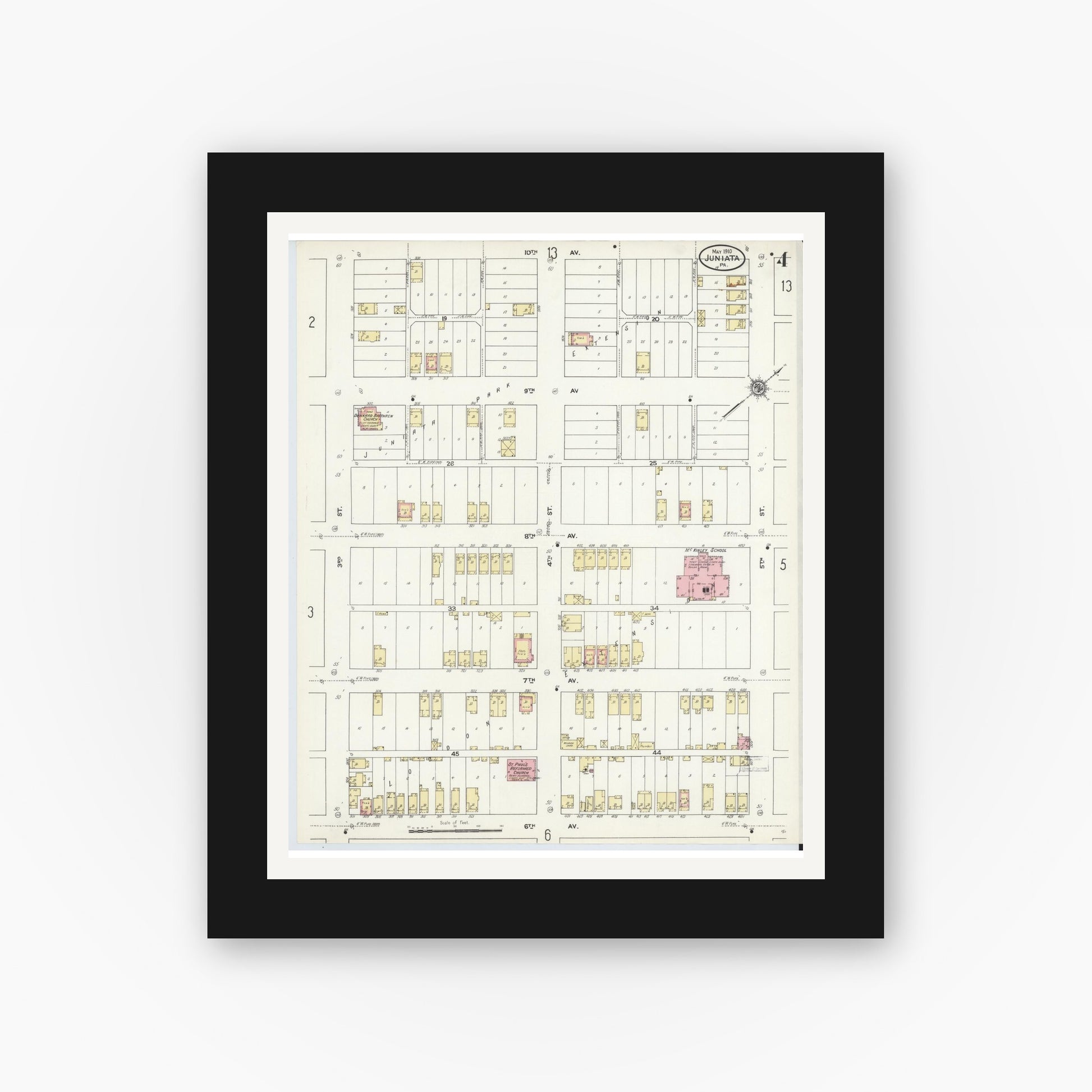 Old map wall art mockup — black gallery frame with white mat — Sanborn Fire Insurance Map from Juniata, Blair County, Pennsylvania (1910), Sheet #0004