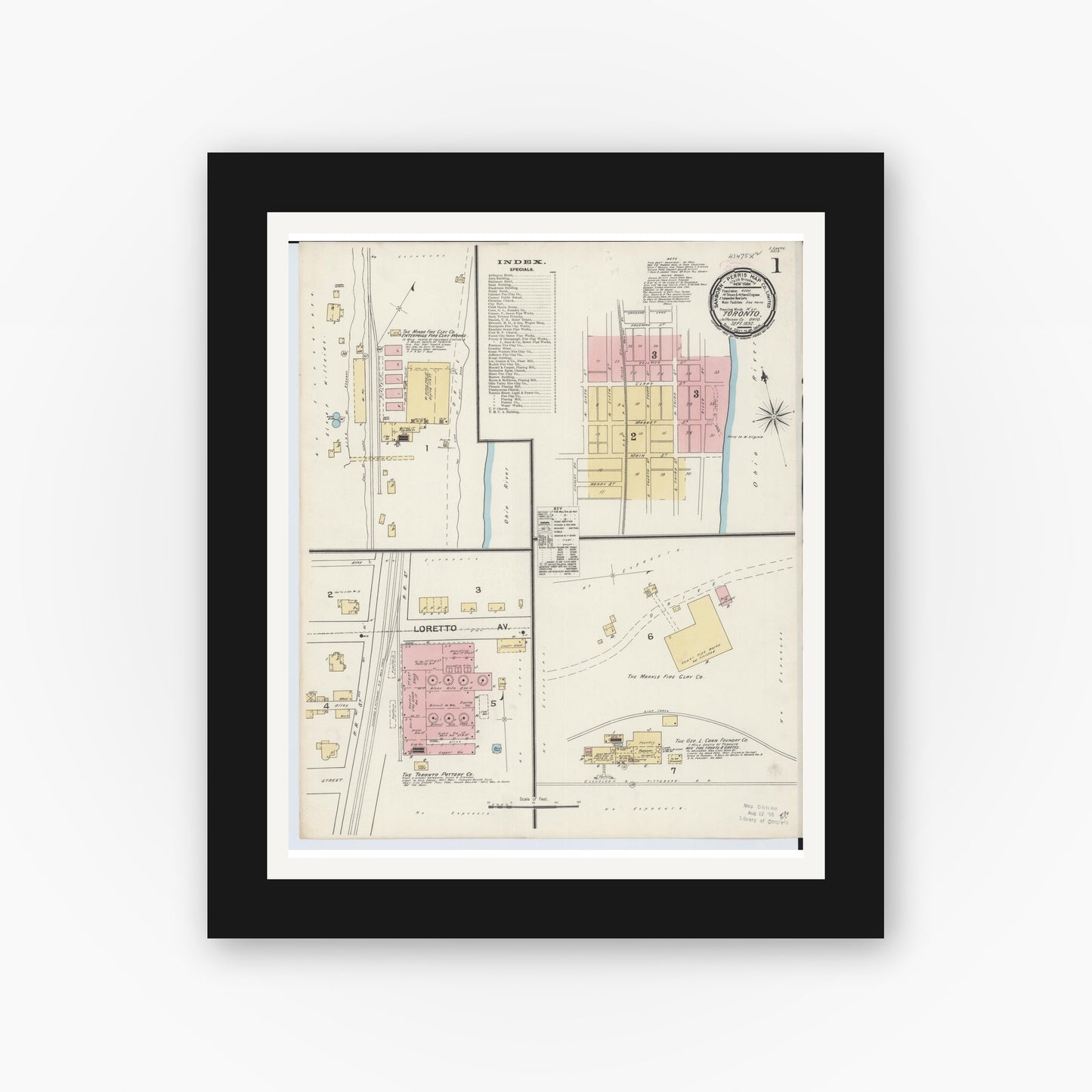 Old map wall art mockup — black gallery frame with white mat — Sanborn Fire Insurance Map from Toronto, Jefferson County, Ohio (1892) - Complete Map Set