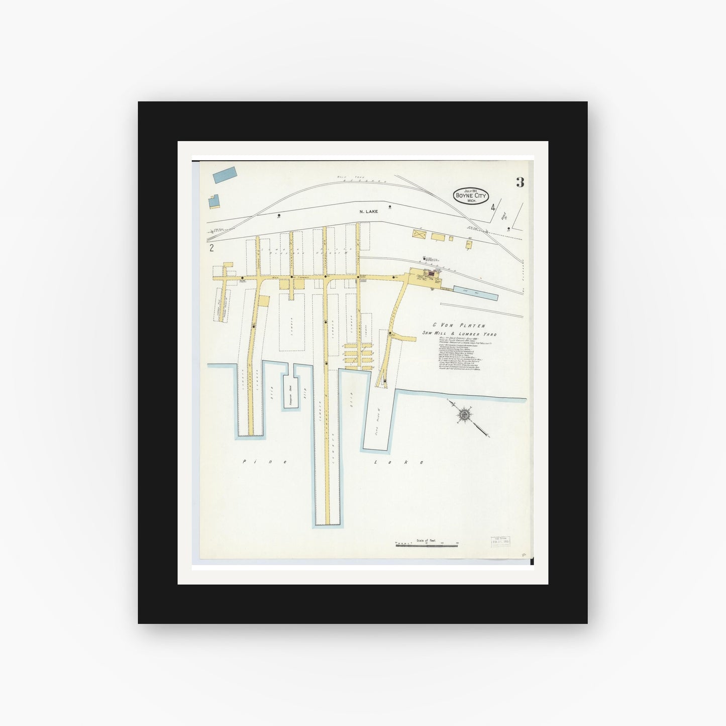 Old map wall art mockup — black gallery frame with white mat — Sanborn Fire Insurance Map from Boyne City, Charlevoix County, Michigan (1911), Sheet #0003