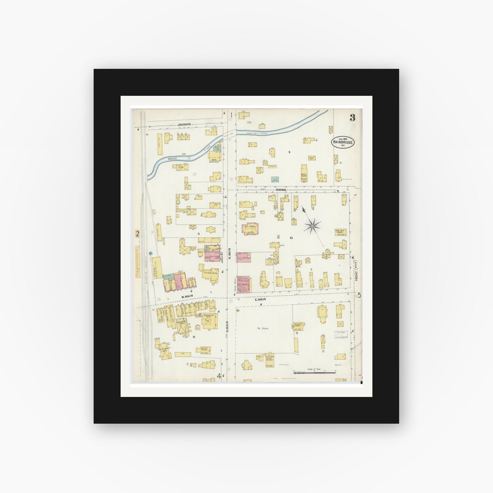 Old map wall art mockup — black gallery frame with white mat — Sanborn Fire Insurance Map from Bainbridge, Chenango County, New York (1903), Sheet #0003