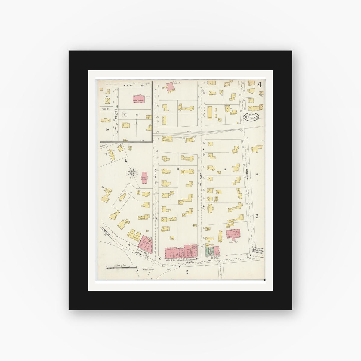 Old map wall art mockup — black gallery frame with white mat — Sanborn Fire Insurance Map from Hudson, Middlesex County, Massachusetts (1897), Sheet #0004