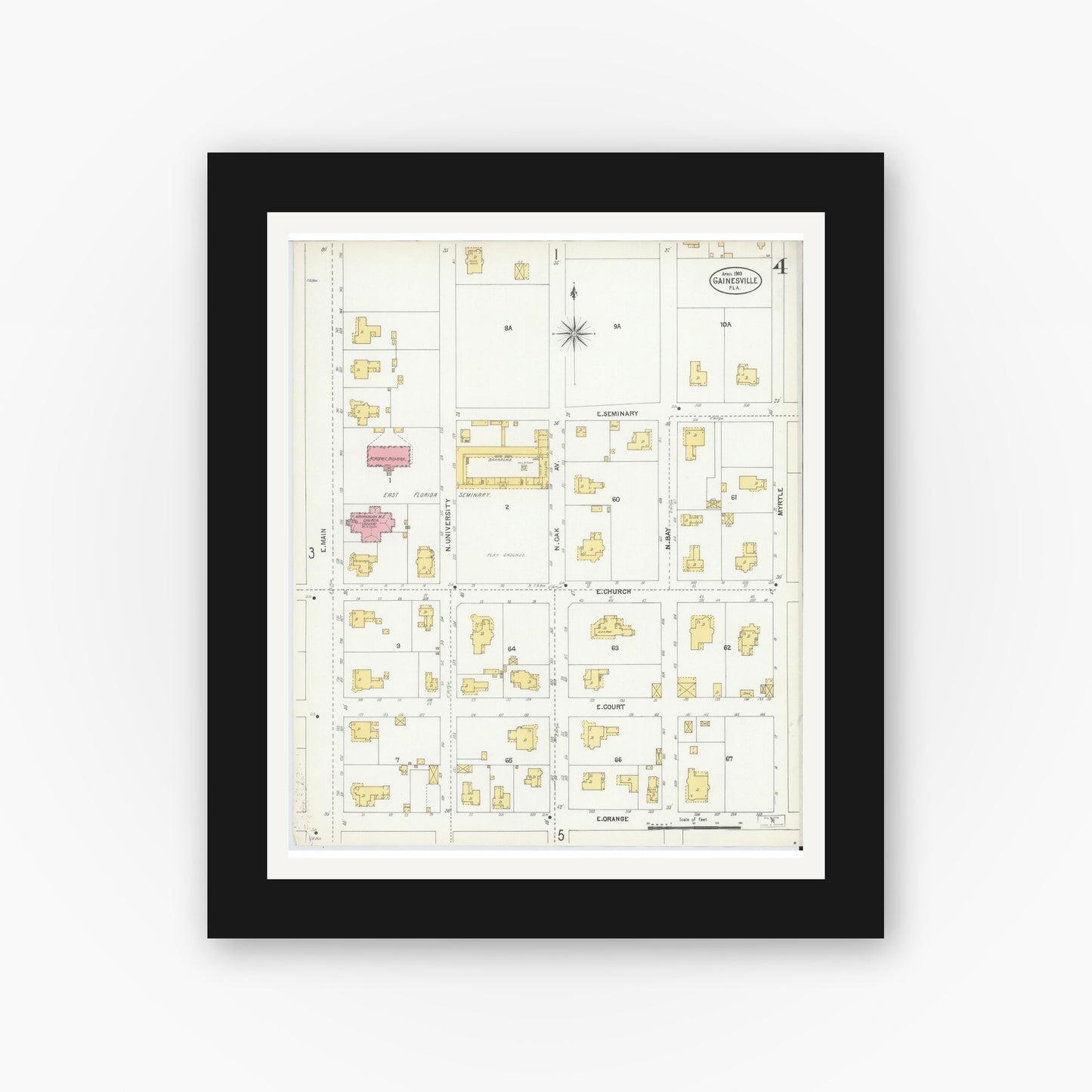 Old map wall art mockup — black gallery frame with white mat — Sanborn Fire Insurance Map from Gainesville, Alachua County, Florida (1903), Sheet #0004