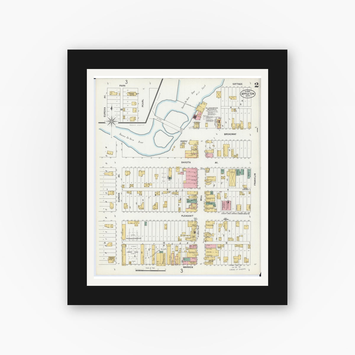 Old map wall art mockup — black gallery frame with white mat — Sanborn Fire Insurance Map from Appleton, Swift County, Minnesota (1899), Sheet #0002