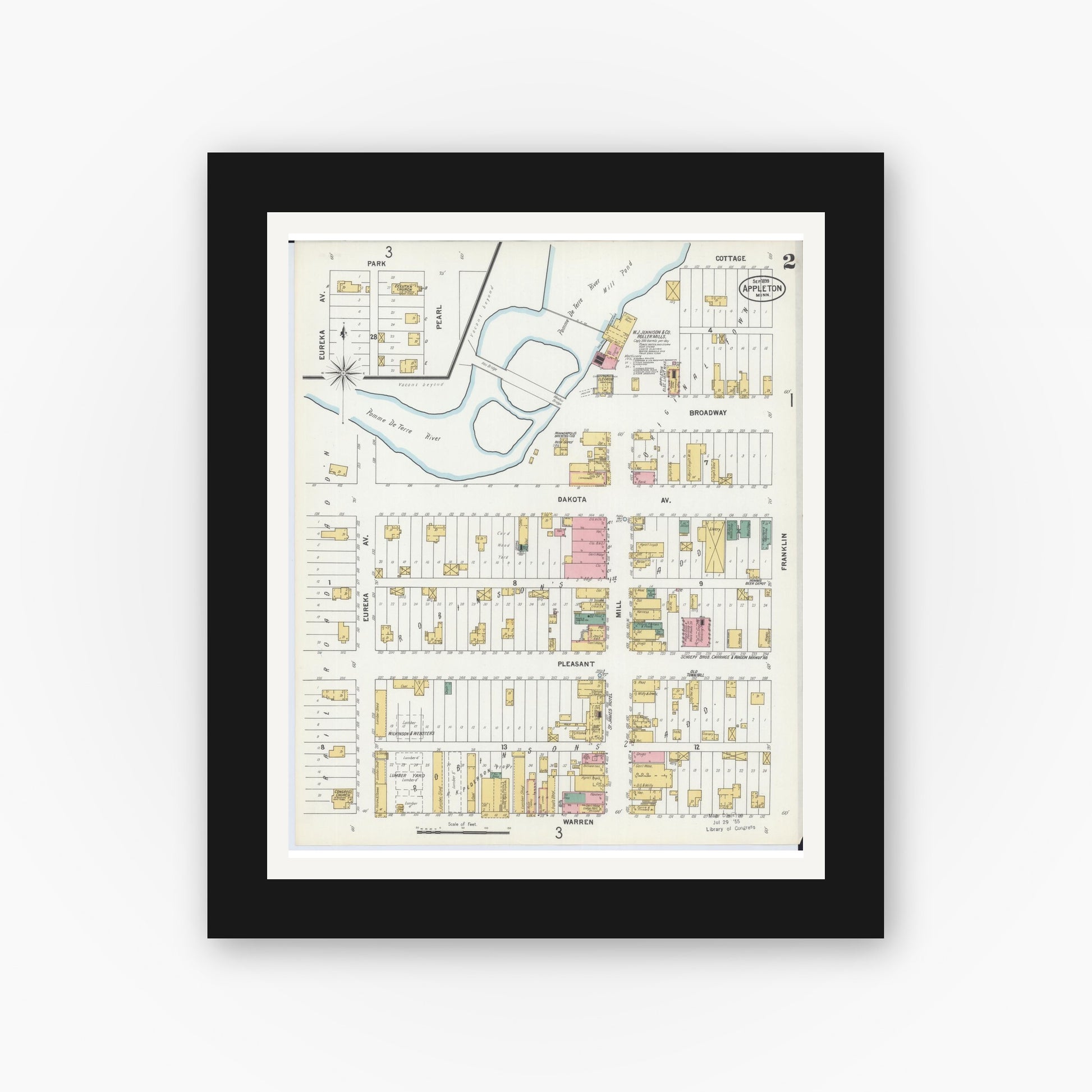 Old map wall art mockup — black gallery frame with white mat — Sanborn Fire Insurance Map from Appleton, Swift County, Minnesota (1899), Sheet #0002