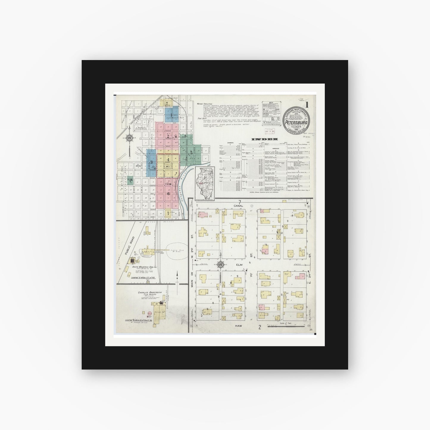 Old map wall art mockup — black gallery frame with white mat — Sanborn Fire Insurance Map from Petersburg, Menard County, Illinois (1914), Sheet #0001