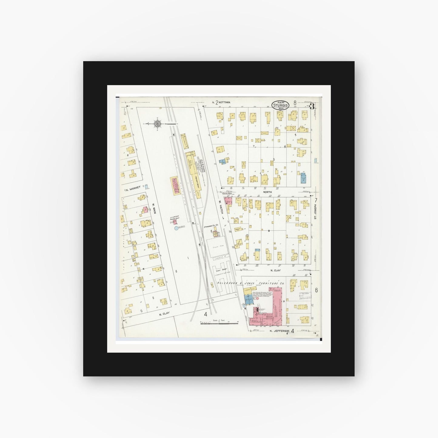 Old map wall art mockup — black gallery frame with white mat — Sanborn Fire Insurance Map from Sturgis, Saint Joseph County, Michigan (1911), Sheet #0003