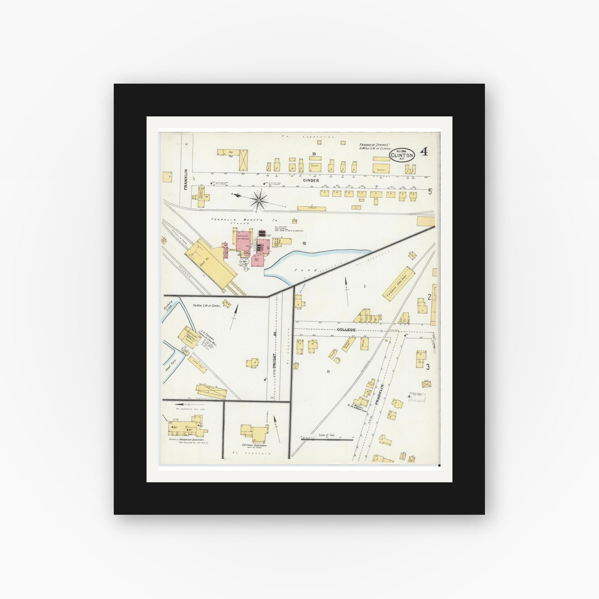 Old map wall art mockup — black gallery frame with white mat — Sanborn Fire Insurance Map from Clinton, Oneida County, New York (1904), Sheet #0004