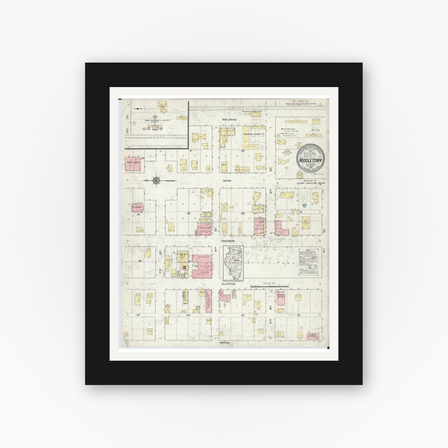 Old map wall art mockup — black gallery frame with white mat — Sanborn Fire Insurance Map from Middletown, Logan County, Illinois (1914), Sheet #0001