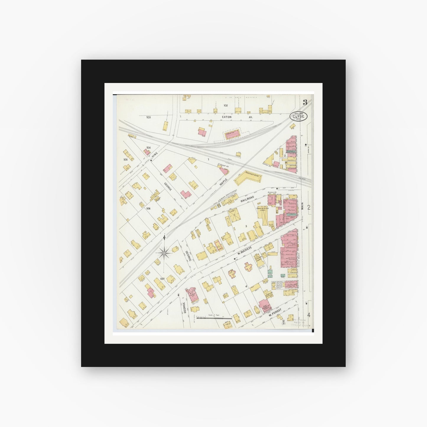 Old map wall art mockup — black gallery frame with white mat — Sanborn Fire Insurance Map from Clyde, Sandusky County, Ohio (1899), Sheet #0003