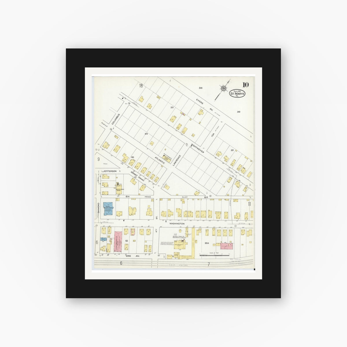 Old map wall art mockup — black gallery frame with white mat — Sanborn Fire Insurance Map from Saint Marys, Elk County, Pennsylvania (1915), Sheet #0010