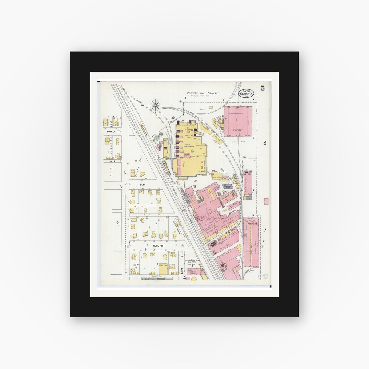 Old map wall art mockup — black gallery frame with white mat — Sanborn Fire Insurance Map from Kewanee, Henry County, Illinois (1905), Sheet #0005
