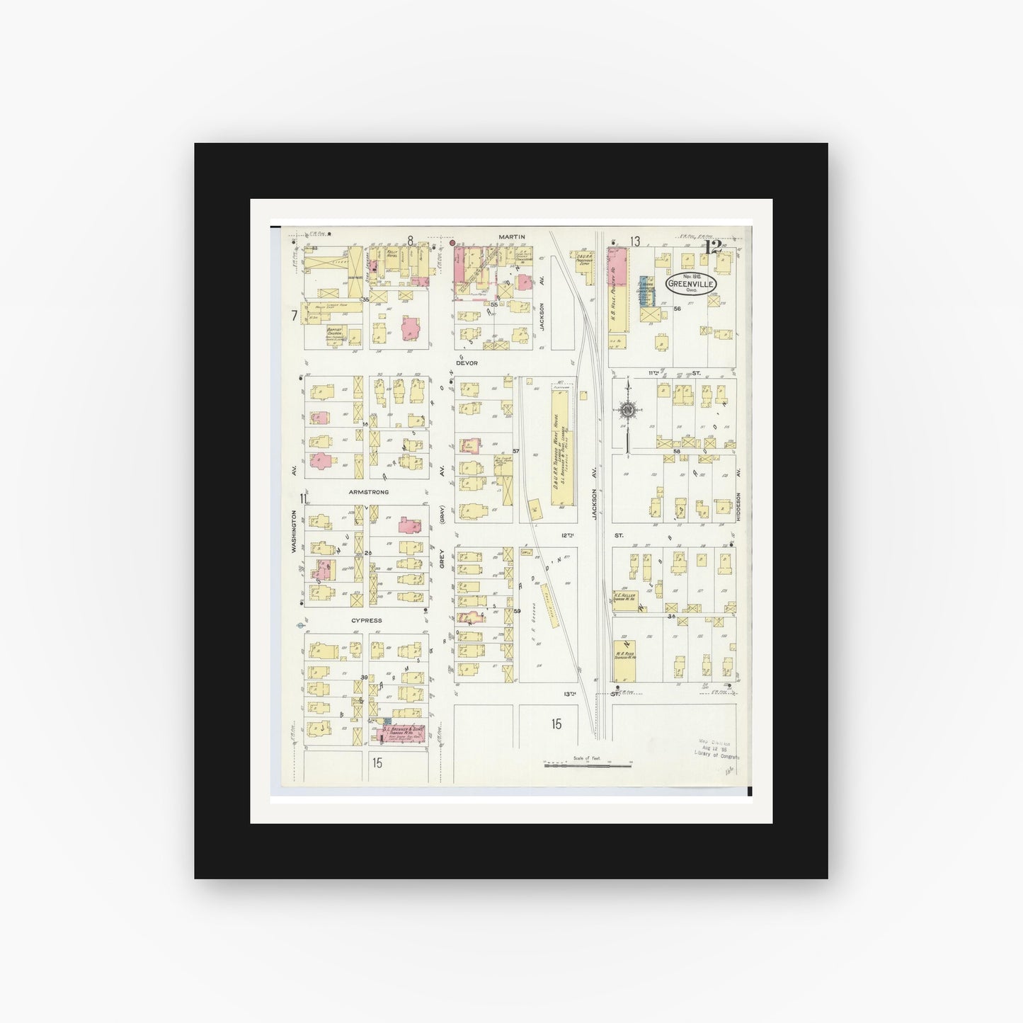 Old map wall art mockup — black gallery frame with white mat — Sanborn Fire Insurance Map from Greenville, Darke County, Ohio (1910), Sheet #0012