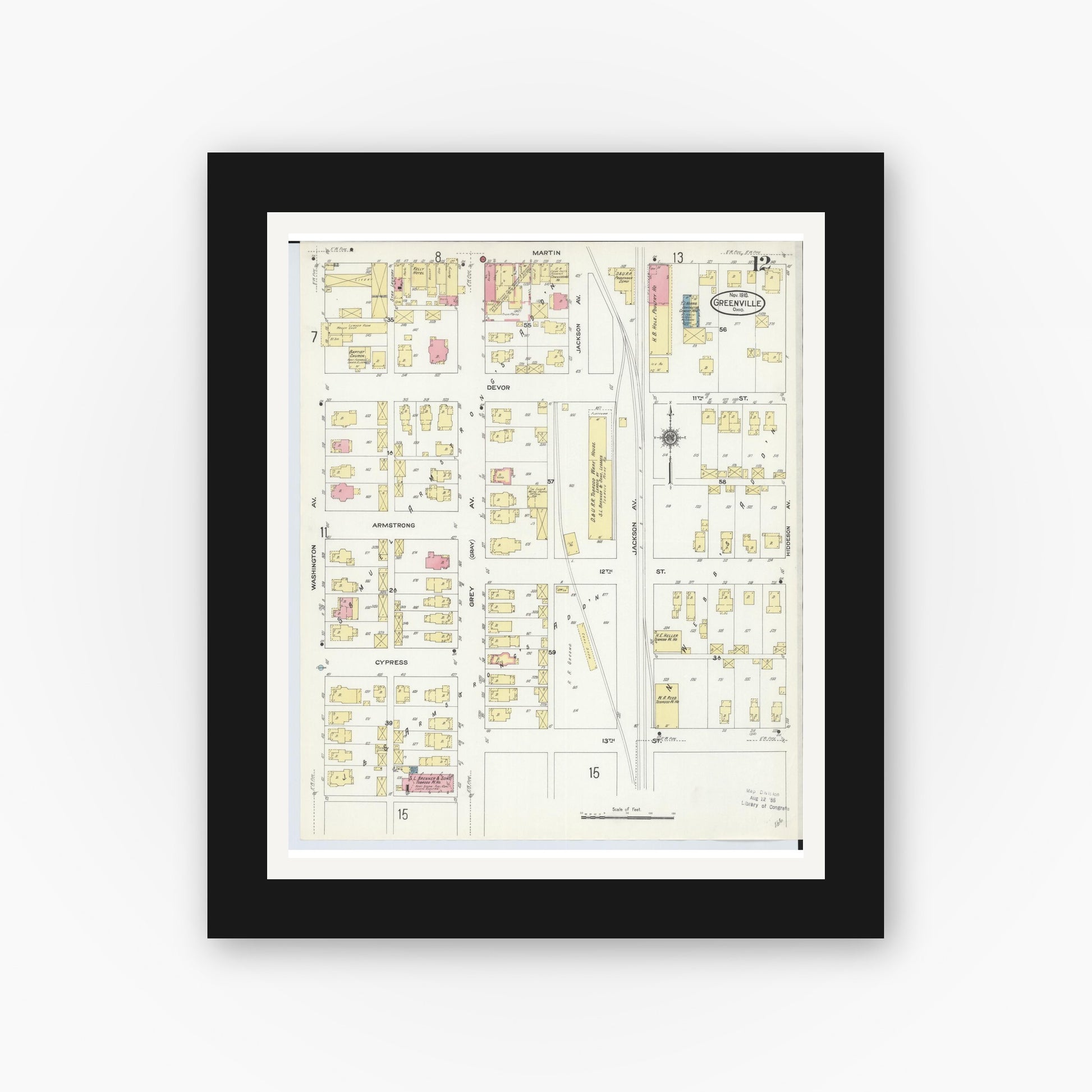 Old map wall art mockup — black gallery frame with white mat — Sanborn Fire Insurance Map from Greenville, Darke County, Ohio (1910), Sheet #0012
