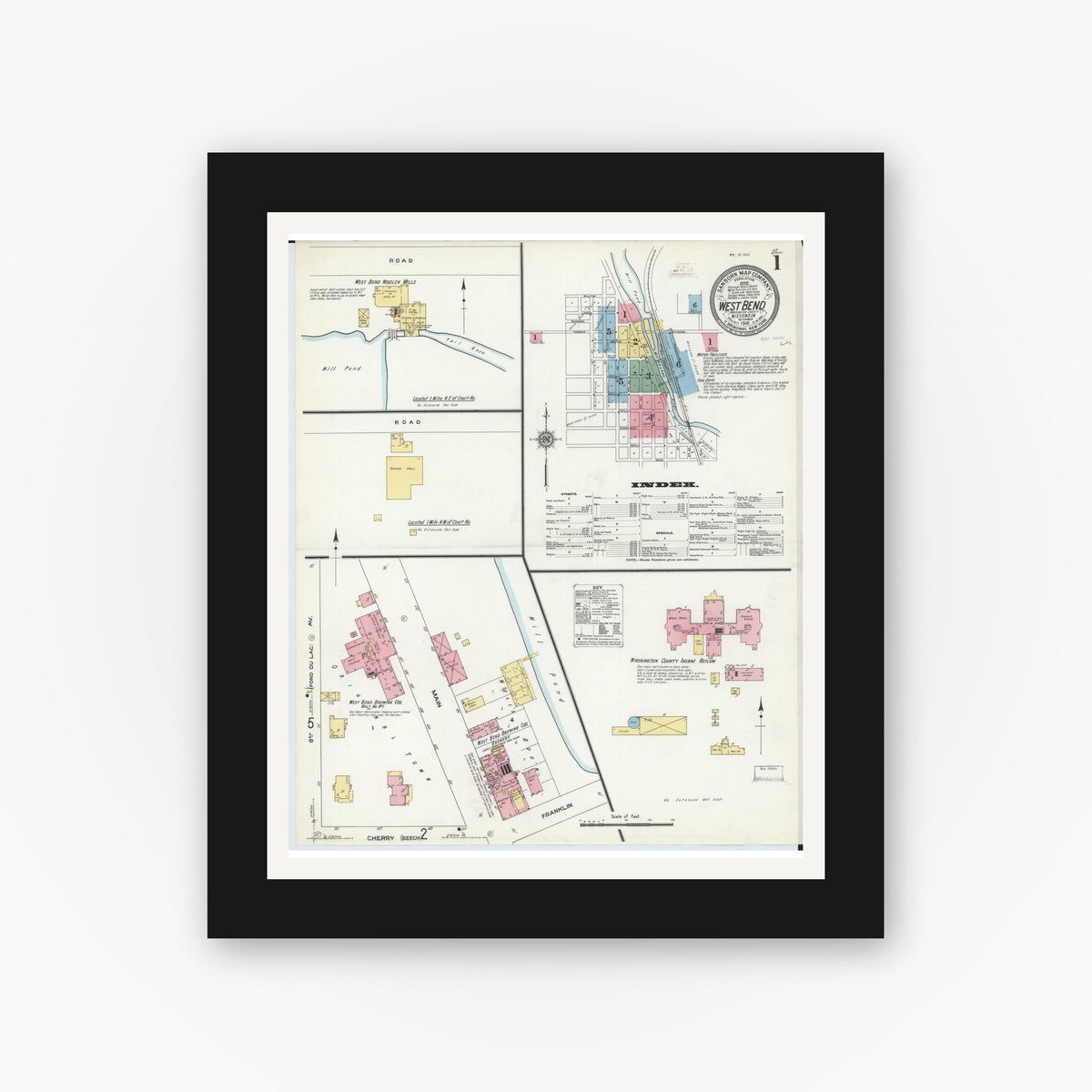 Old map wall art mockup — black gallery frame with white mat — Sanborn Fire Insurance Map from West Bend, Washington County, Wisconsin (1910) - Complete Map Set
