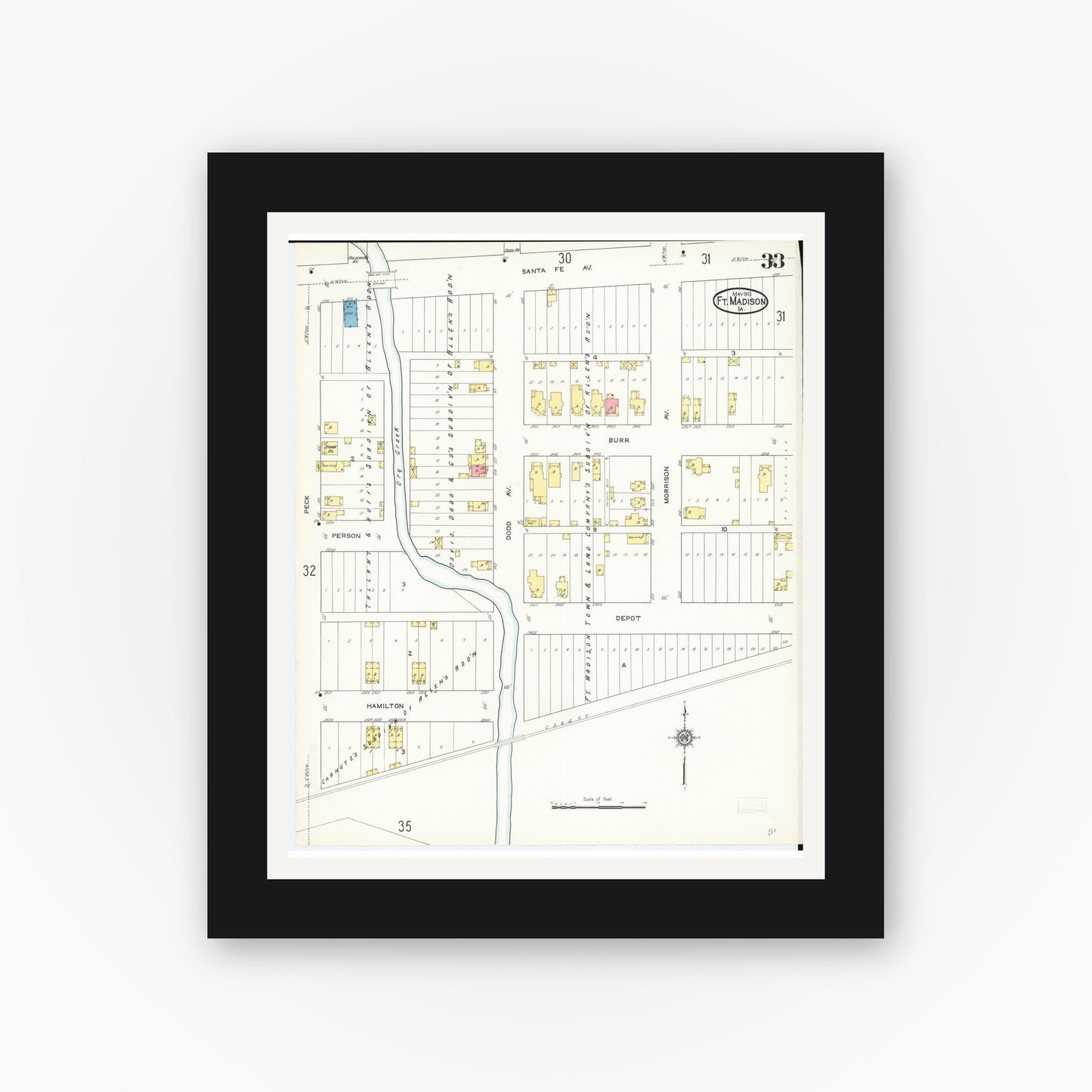 Old map wall art mockup — black gallery frame with white mat — Sanborn Fire Insurance Map from Fort Madison, Lee County, Iowa (1913), Sheet #0033