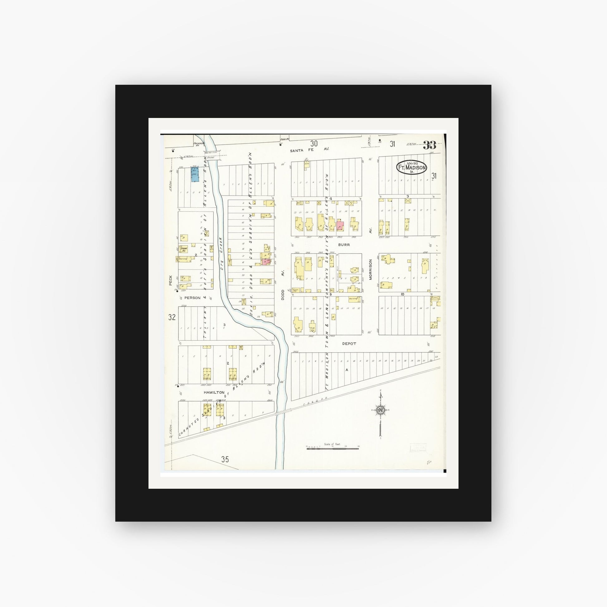 Old map wall art mockup — black gallery frame with white mat — Sanborn Fire Insurance Map from Fort Madison, Lee County, Iowa (1913), Sheet #0033
