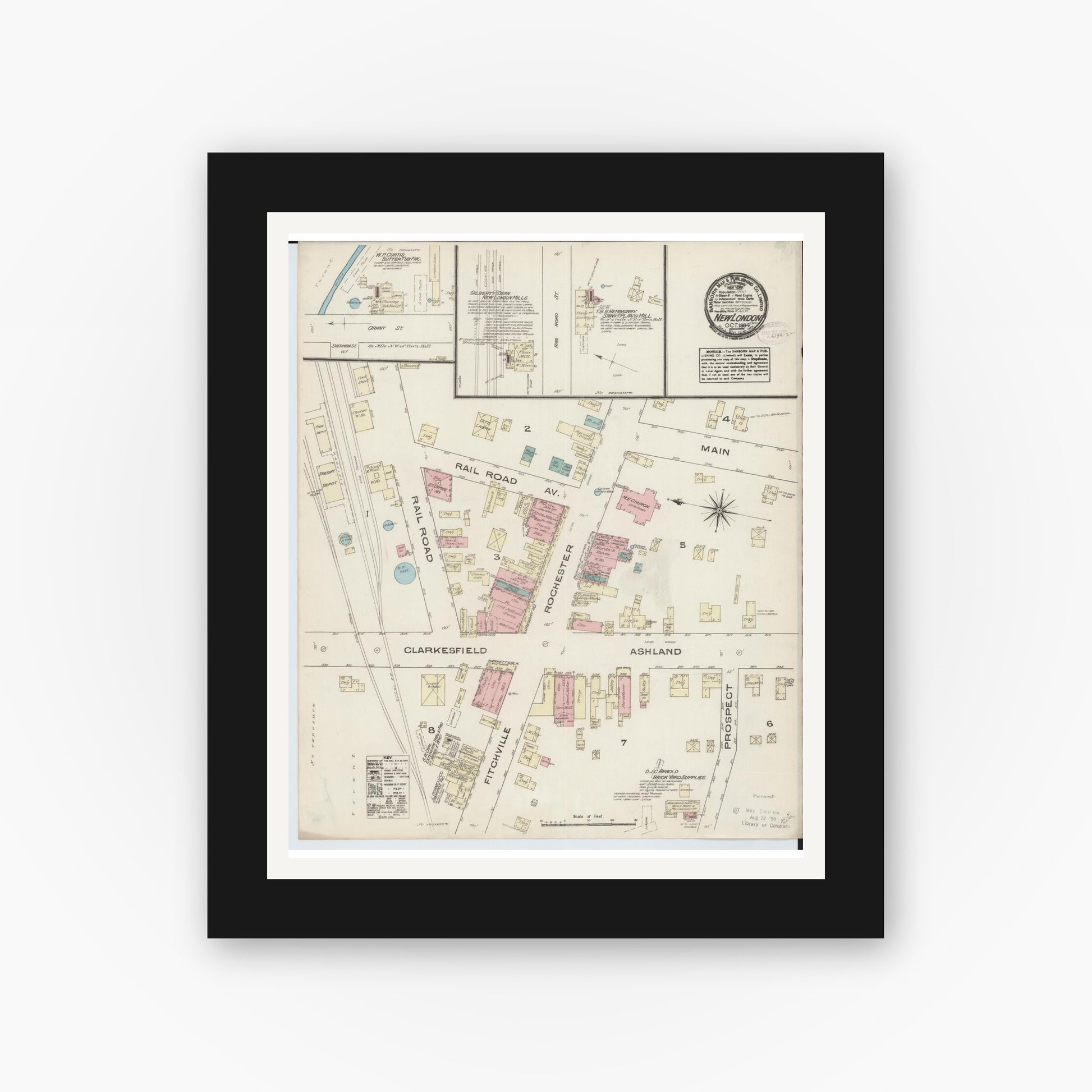 Old map wall art mockup — black gallery frame with white mat — Sanborn Fire Insurance Map from New London, Huron County, Ohio (1884), Sheet #0001