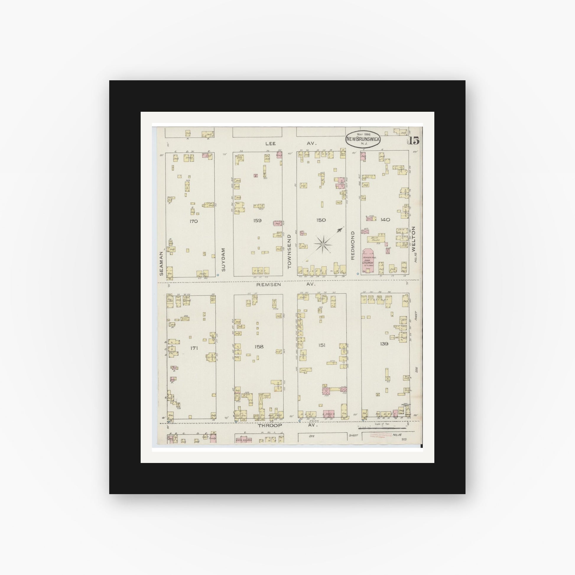 Old map wall art mockup — black gallery frame with white mat — Sanborn Fire Insurance Map from New Brunswick, Middlesex County, New Jersey (1886), Sheet #0015