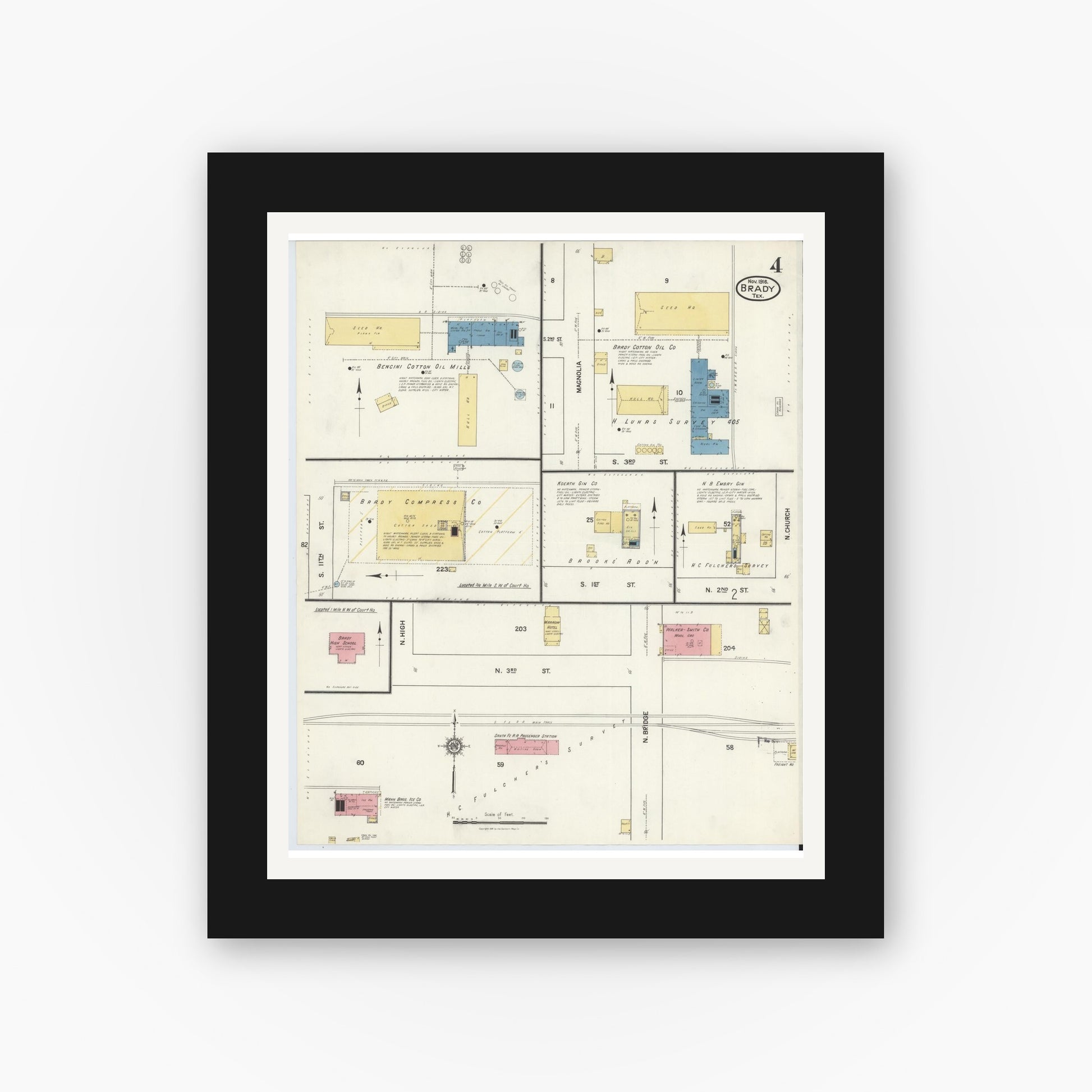 Old map wall art mockup — black gallery frame with white mat — Sanborn Fire Insurance Map from Brady, McCulloch County, Texas (1916), Sheet #0004