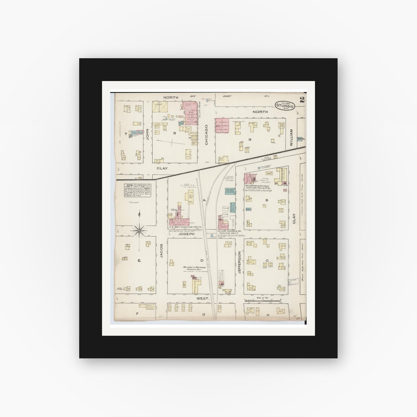 Old map wall art mockup — black gallery frame with white mat — Sanborn Fire Insurance Map from Sturgis, Saint Joseph County, Michigan (1884), Sheet #0002