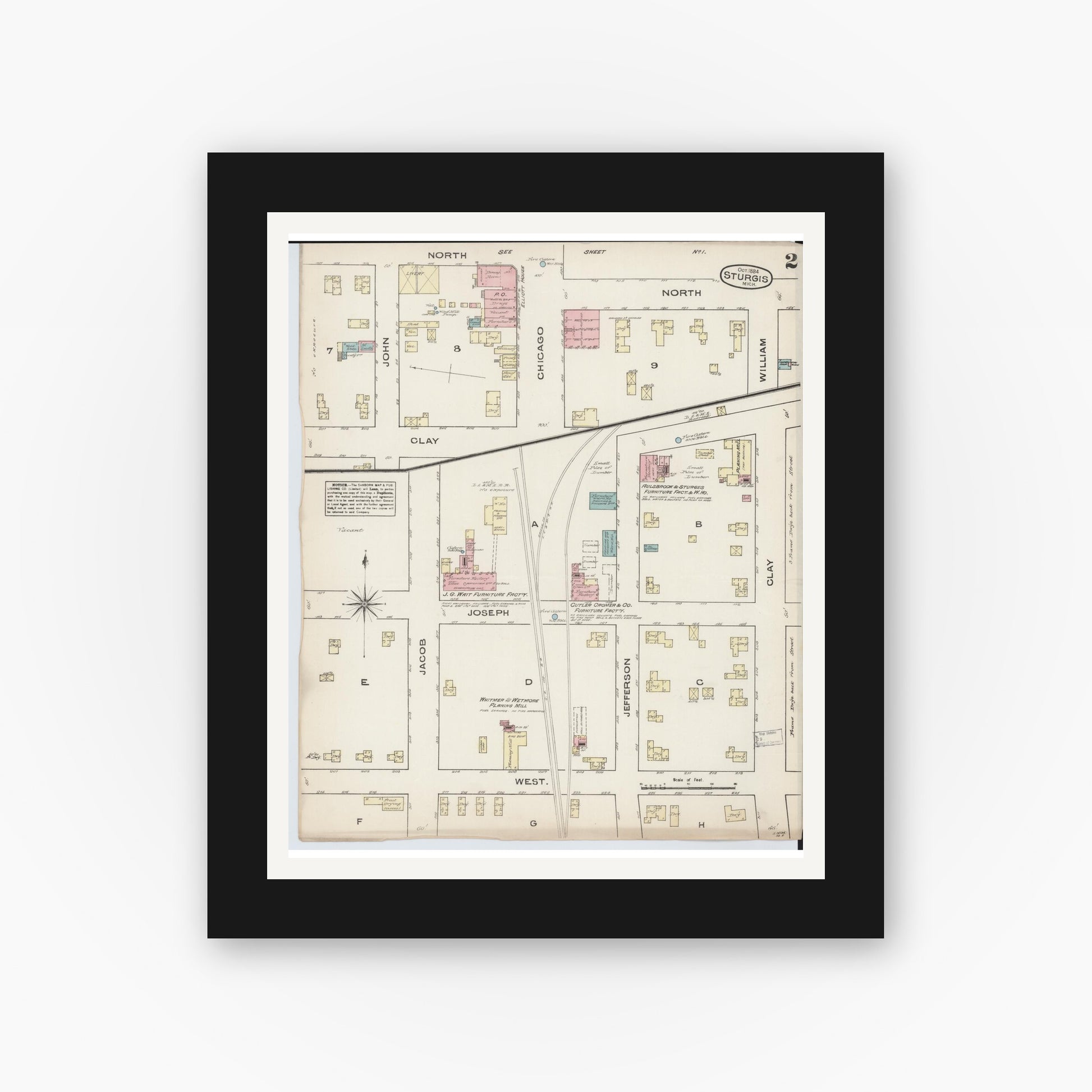 Old map wall art mockup — black gallery frame with white mat — Sanborn Fire Insurance Map from Sturgis, Saint Joseph County, Michigan (1884), Sheet #0002