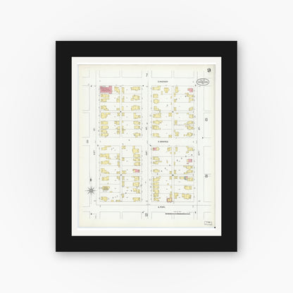 Old map wall art mockup — black gallery frame with white mat — Sanborn Fire Insurance Map from Goshen, Elkhart County, Indiana (1901), Sheet #0009