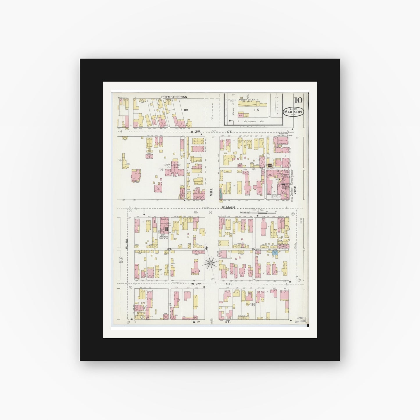 Old map wall art mockup — black gallery frame with white mat — Sanborn Fire Insurance Map from Madison, Jefferson County, Indiana (1892), Sheet #0010