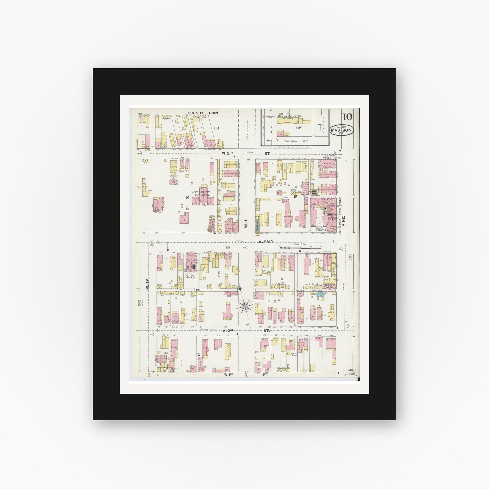 Old map wall art mockup — black gallery frame with white mat — Sanborn Fire Insurance Map from Madison, Jefferson County, Indiana (1892), Sheet #0010