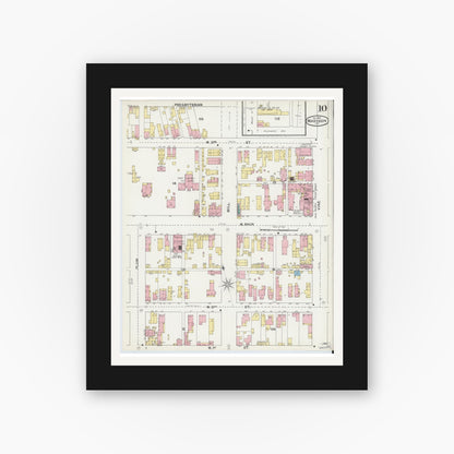Old map wall art mockup — black gallery frame with white mat — Sanborn Fire Insurance Map from Madison, Jefferson County, Indiana (1892), Sheet #0010