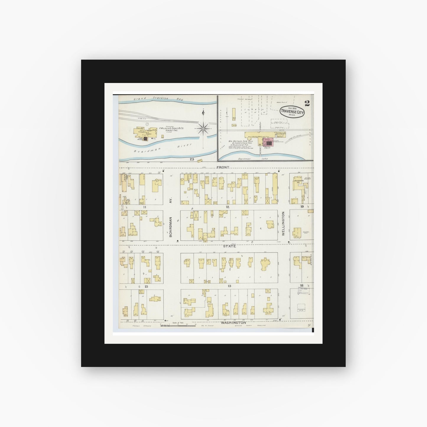 Old map wall art mockup — black gallery frame with white mat — Sanborn Fire Insurance Map from Traverse City, Grand Traverse County, Michigan (1893), Sheet #0002