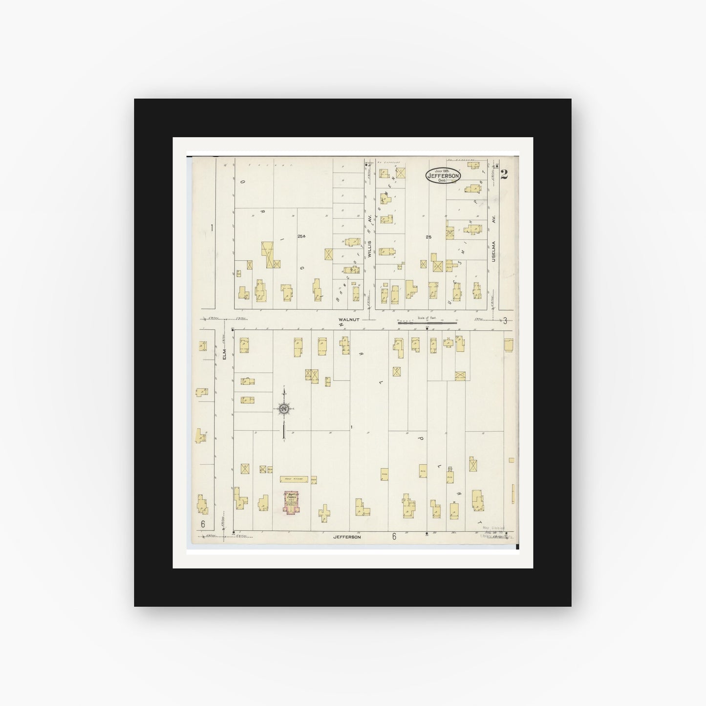 Old map wall art mockup — black gallery frame with white mat — Sanborn Fire Insurance Map from Jefferson, Ashtabula County, Ohio (1915), Sheet #0002