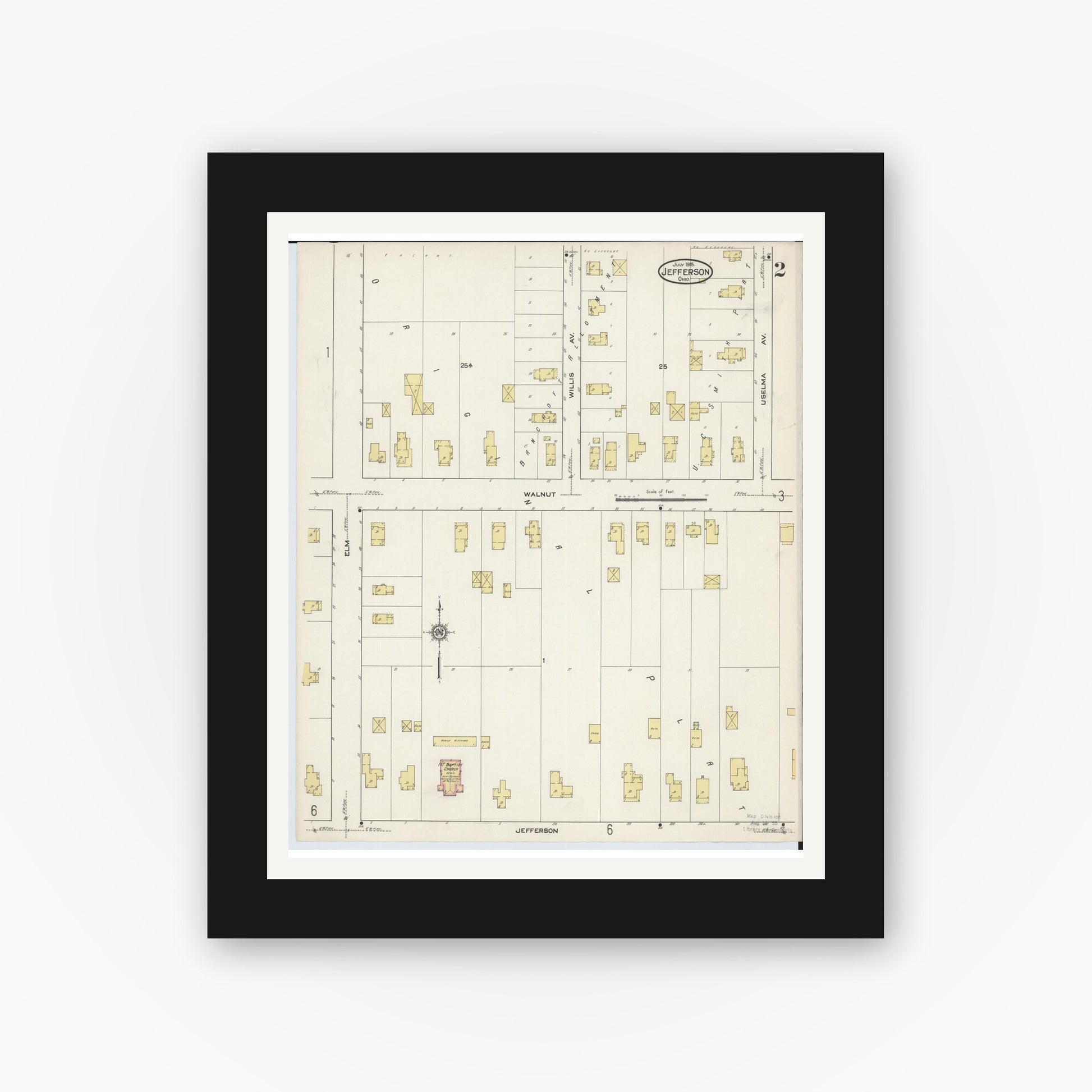 Old map wall art mockup — black gallery frame with white mat — Sanborn Fire Insurance Map from Jefferson, Ashtabula County, Ohio (1915), Sheet #0002