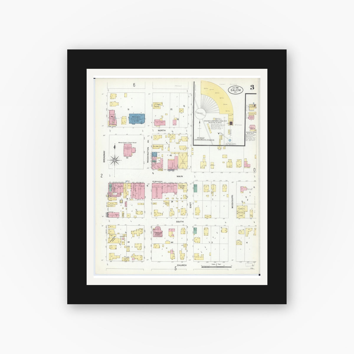 Old map wall art mockup — black gallery frame with white mat — Sanborn Fire Insurance Map from Salem, Marion County, Illinois (1908), Sheet #0003
