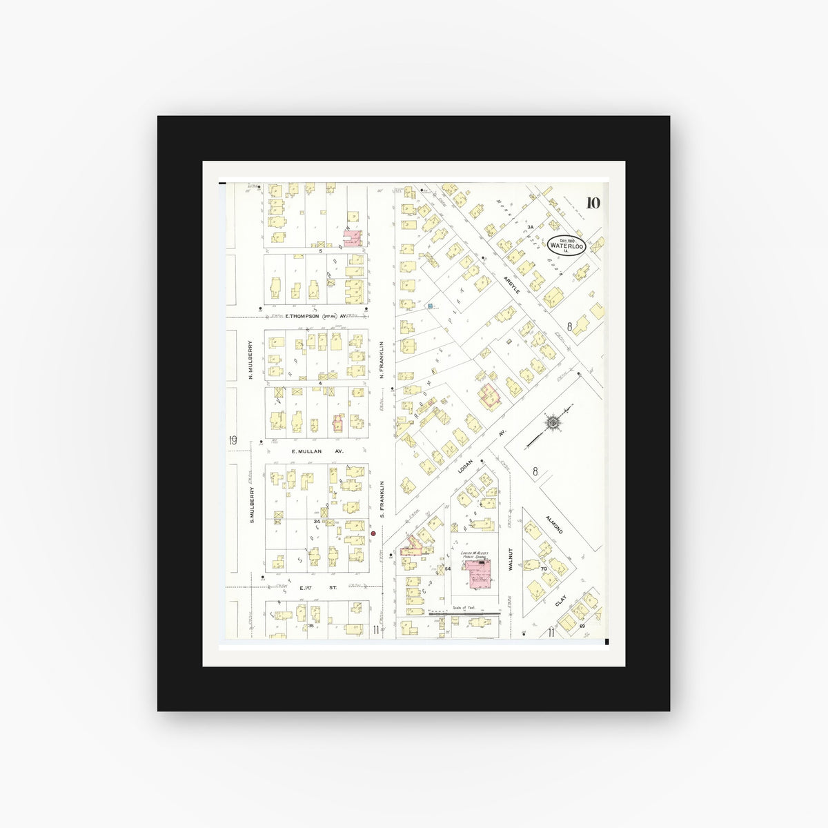 Old map wall art mockup — black gallery frame with white mat — Sanborn Fire Insurance Map from Waterloo, Black Hawk County, Iowa (1910), Sheet #0010