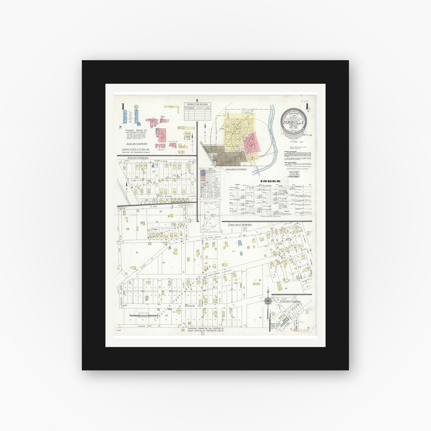 Old map wall art mockup — black gallery frame with white mat — Sanborn Fire Insurance Map from Zionsville, Boone County, Indiana (1939) - Complete Map Set